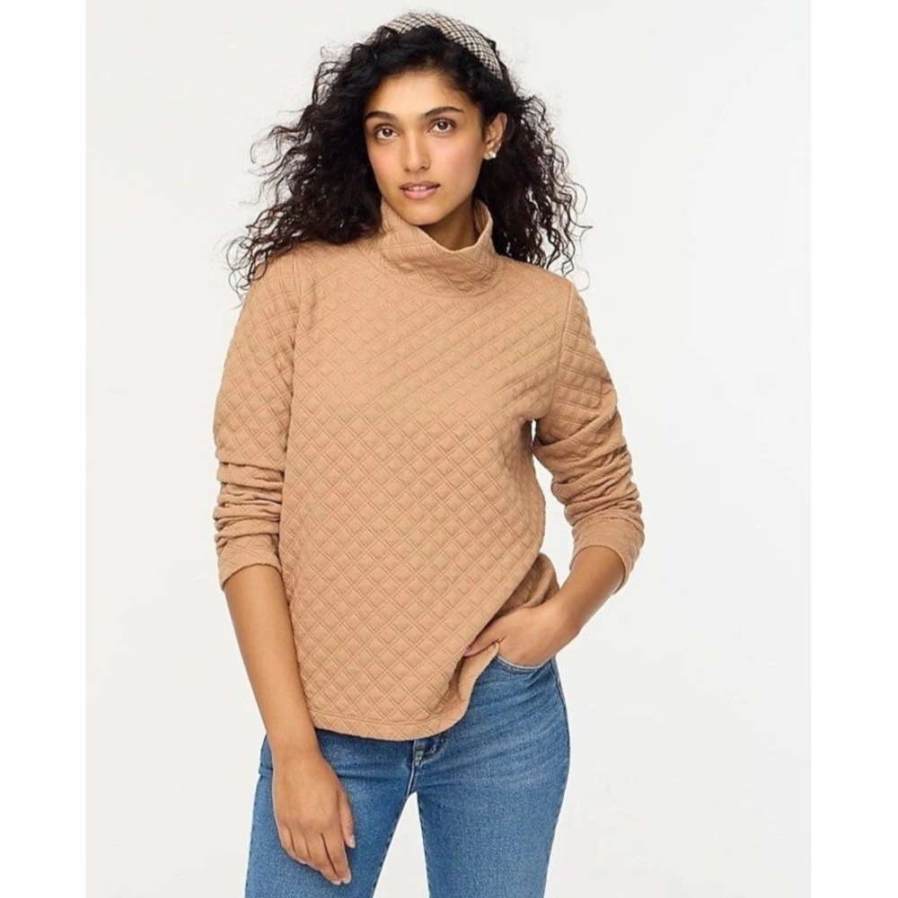 J.Crew Sweater Womens M Tan Quilted Mock Neck‎ Pullover Preppy Classic Casual